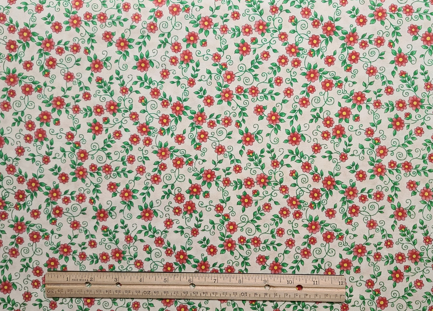 Nursery Rhymes #2596 Northcott - Oatmeal Colored Tonal Fabric / Red, Bright Pink, Yellow Flower / Green Leaf and Vine Print