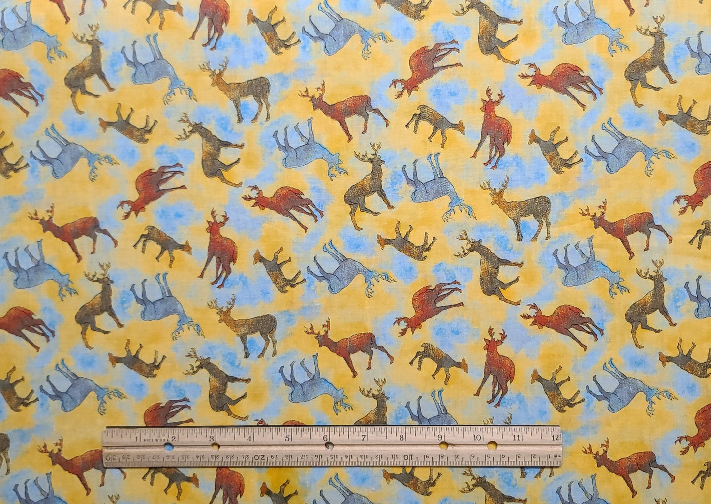 Classic Cottons 2003 Visit - Dark Yellow and Blue Tonal Fabric / Gray, Red, Brown Deer Print