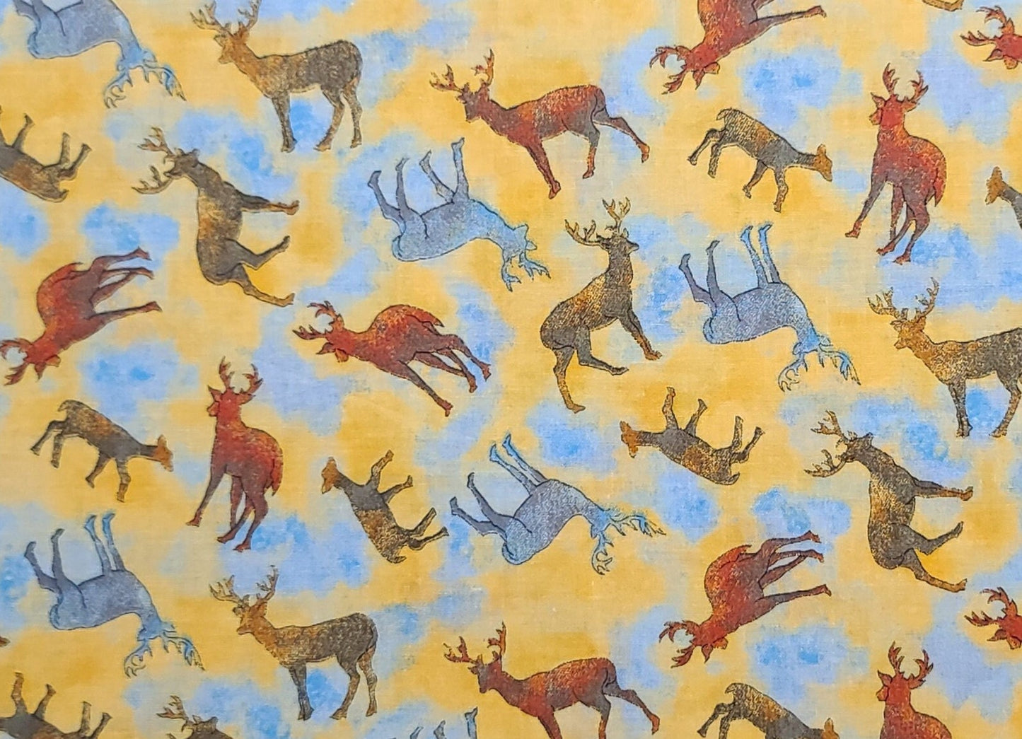 Classic Cottons 2003 Visit - Dark Yellow and Blue Tonal Fabric / Gray, Red, Brown Deer Print