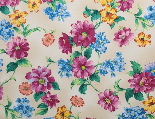 EOB - Kimiko's Watercolors for Benartex Style #813 - Cream Tonal Fabric / Bright Raspberry, Yellow, Blue, Green Flower Print