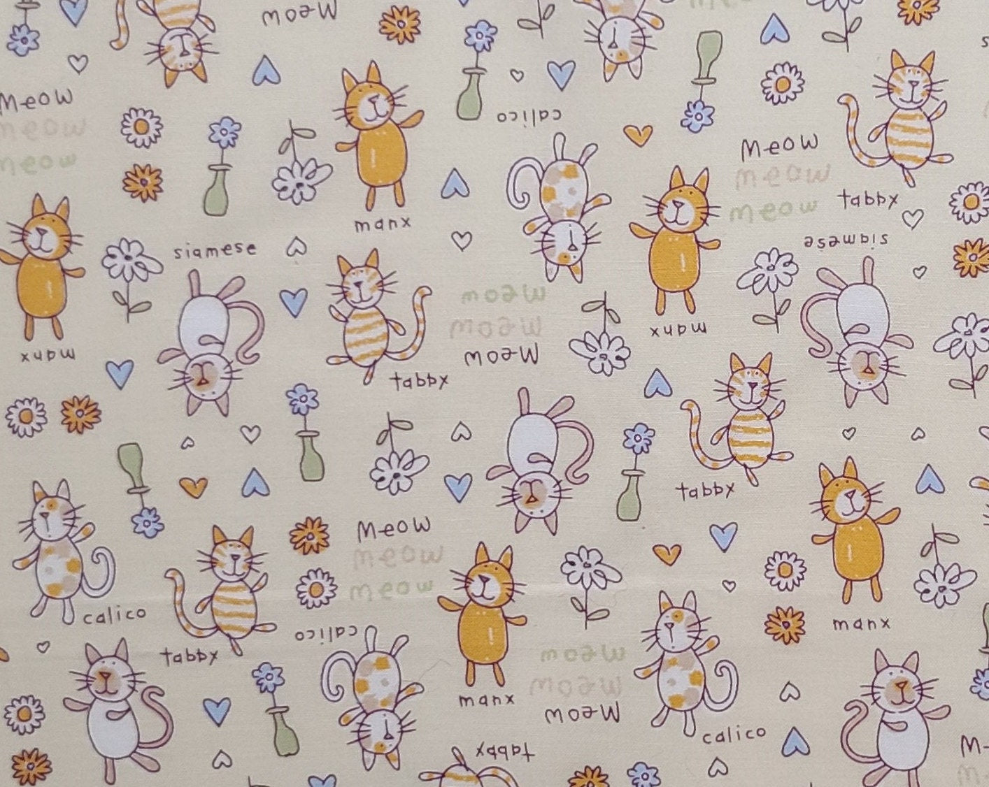 JoAnn Fabrics - Patt JAS25968 - Tan Fabric / Cartoon Style Cat and Flower Print