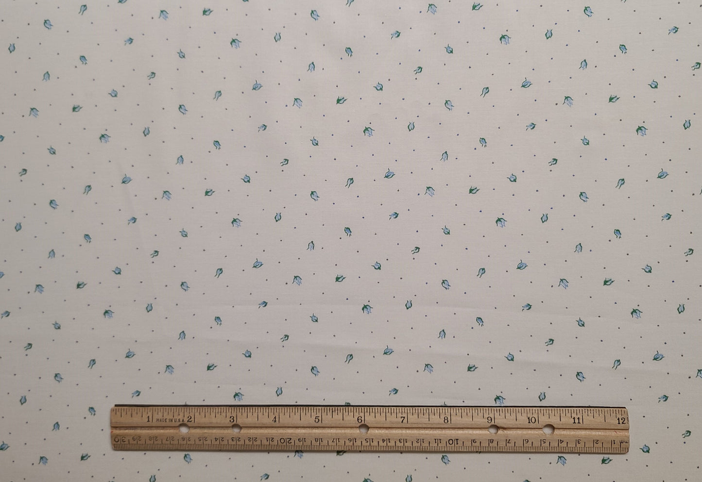 Cream Fabric / Medium Blue Micro Dot Background / Pale Blue Rosebud Print - Selvage to Selvage Print