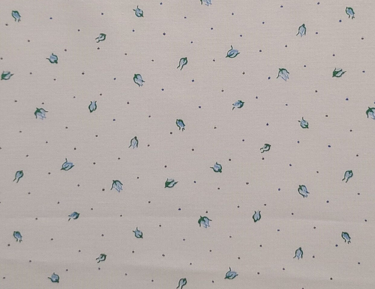 Cream Fabric / Medium Blue Micro Dot Background / Pale Blue Rosebud Print - Selvage to Selvage Print