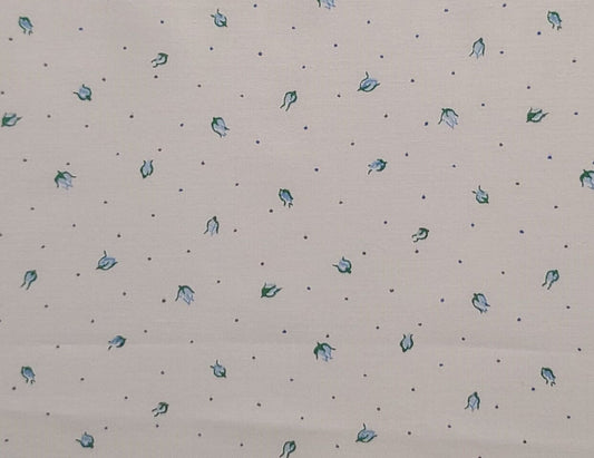 Cream Fabric / Medium Blue Micro Dot Background / Pale Blue Rosebud Print - Selvage to Selvage Print