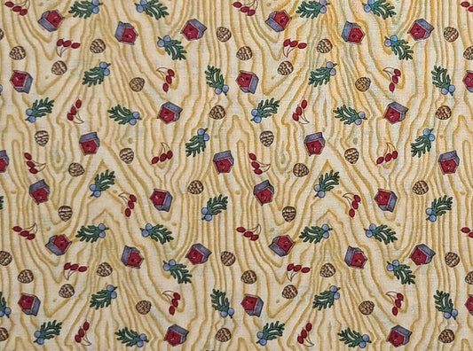 Mumms the Word Debbie Mumm for SSI - Tan Tonal Woodgrain Fabric / Red Birdhouses, Pinecones, Cherry Cluster