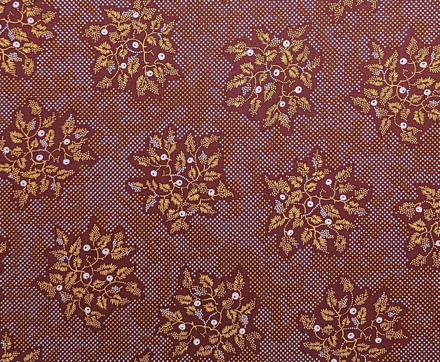 Virginia Quilt Museum for Quilting Treasures - Rust Fabric / Reproduction Style Gold and White Pin Dot / Flower Bouquet Print