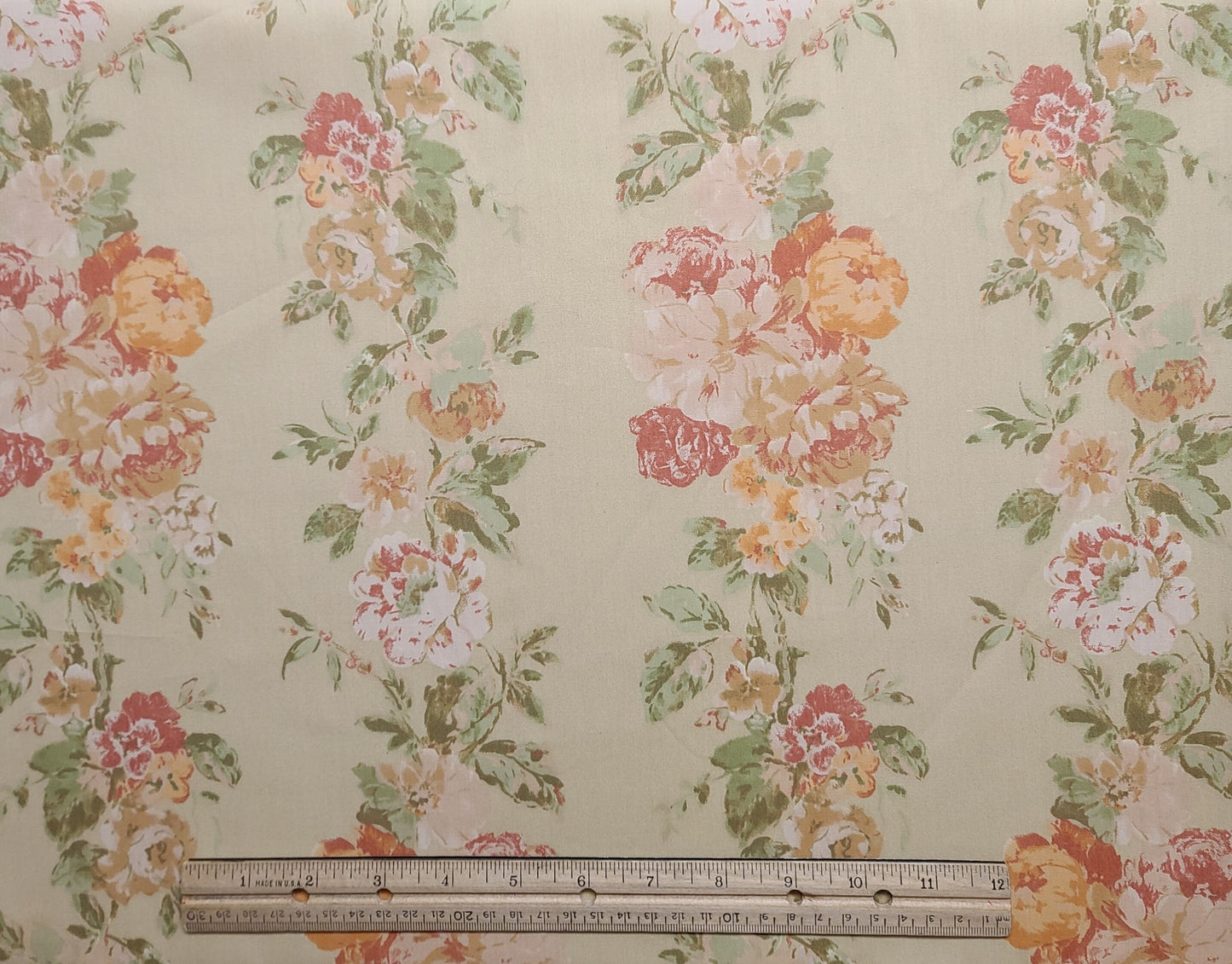 Textile Arts & Film Inc CROSCILL 2004 - Tan Fabric / Multi Floral Vertical Stripe Fabric / Shades of Pink, Coral, Green Wild Rose Print