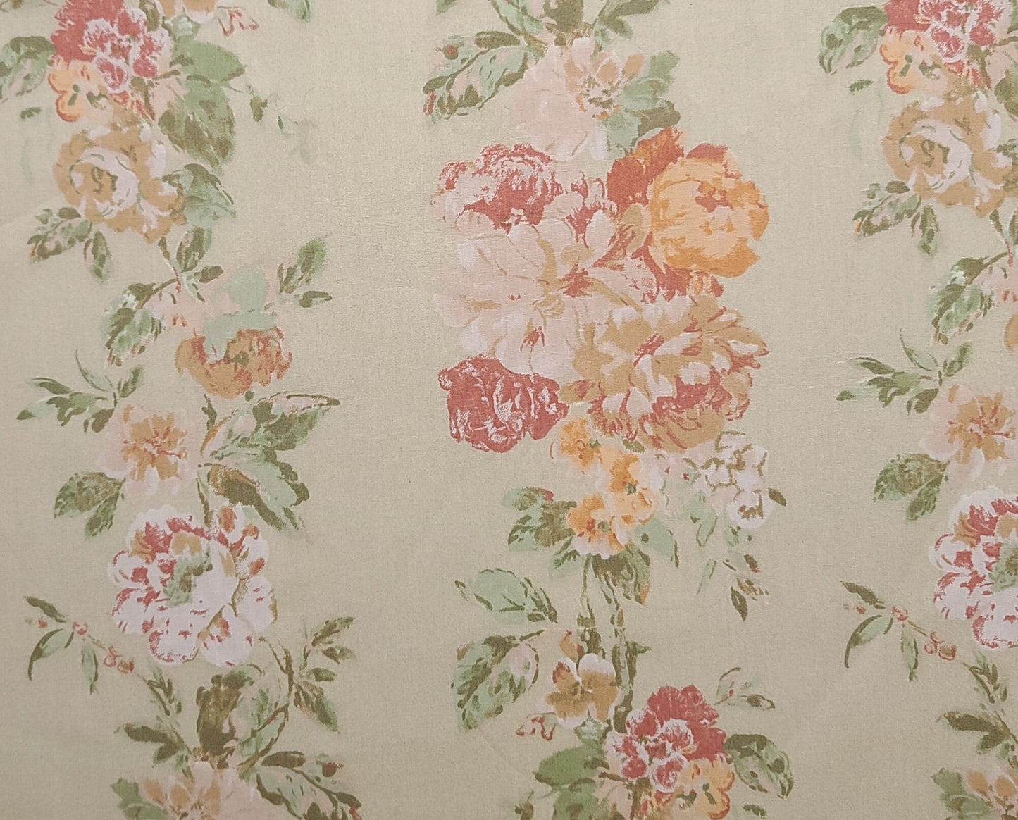 Textile Arts & Film Inc CROSCILL 2004 - Tan Fabric / Multi Floral Vertical Stripe Fabric / Shades of Pink, Coral, Green Wild Rose Print