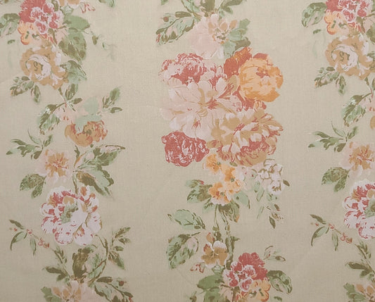 Textile Arts & Film Inc CROSCILL 2004 - Tan Fabric / Multi Floral Vertical Stripe Fabric / Shades of Pink, Coral, Green Wild Rose Print