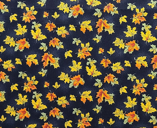 EOB - Harvest Moon #2980 by Laurie Godin Northcott - Black Tonal Fabric / Coral, Yellow, Green Oak Leaf Print