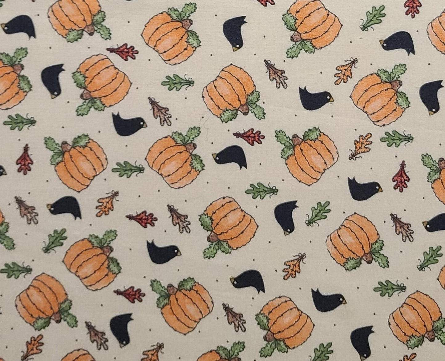 Linda Stubbs - Cream Fabric / Cartoon-Style Pumpkin, Crow, Oak Leaf Print / Orange, Green, Black