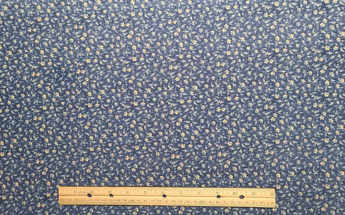 David Textiles Inc - Lightweight Dark Blue Fabric / Light Tan, Pale Blue Flower Vine Print