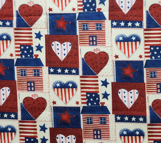 ACG LLC David Textiles Inc - Cheater Cloth Patriotic Block Print / Red, White, Blue / Heart. Star