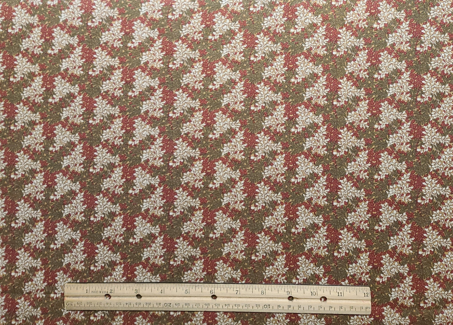 Tan Fabric / White, Brick Red, Olive, Tan Allover Leaf Print