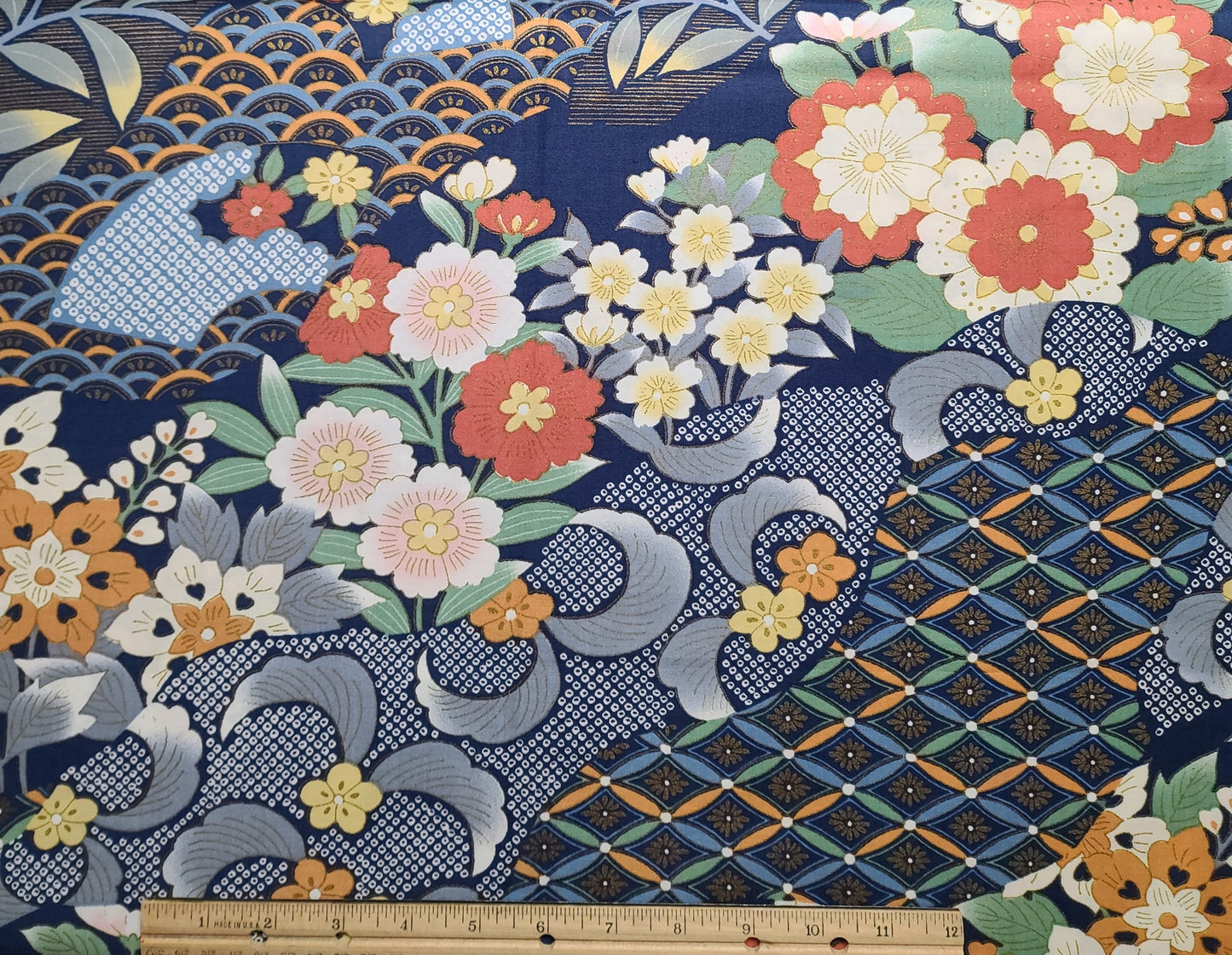 Dark Blue Fabric / Asian-Style Flower and Geometric Print / Pale Blue/Gray, Cream, Coral, Pink / Bronze Metallic Accents