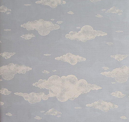 60" WIDE Lightweight Pale Sky Blue Fabric / White Dry Brushed Cloud Print