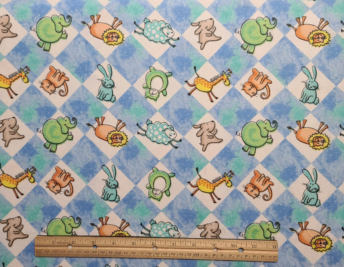 FLANNEL - White Diamond / Blue & Green Diamond Harlequin Juvenile Plaid Fabric / Cartoon-Style Lion, Sheep, Dog, Elephant, Giraffe, Bear