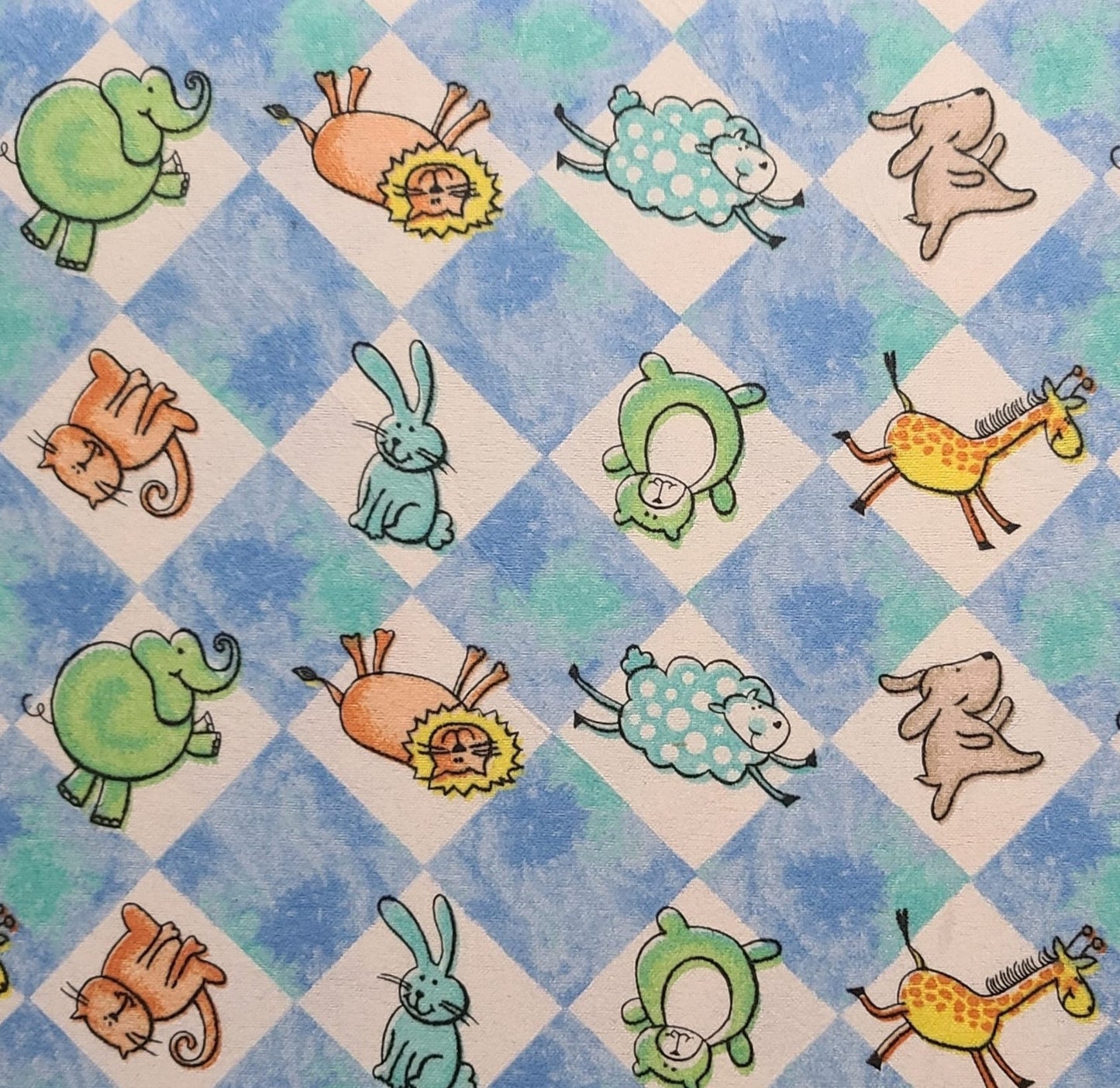 FLANNEL - White Diamond / Blue & Green Diamond Harlequin Juvenile Plaid Fabric / Cartoon-Style Lion, Sheep, Dog, Elephant, Giraffe, Bear