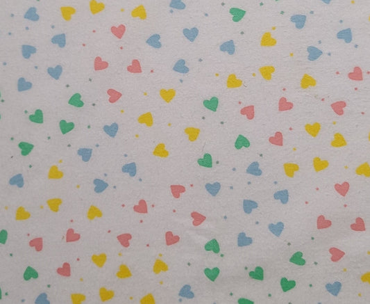 FLANNEL - White Fabric / Bright Pastel Scattered Heart and Star Print / Pink, Blue, Green, Yellow