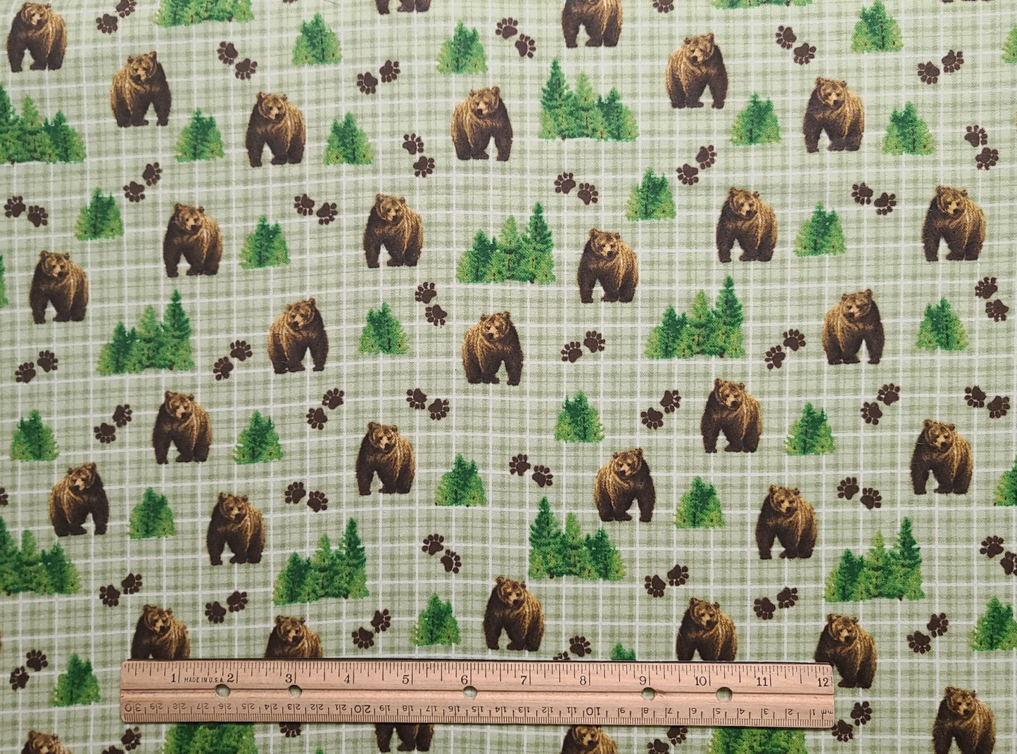 FLANNEL - Green and White Plaid Fabric / Brown Bear, Paw Print, Green Pine Tree Print