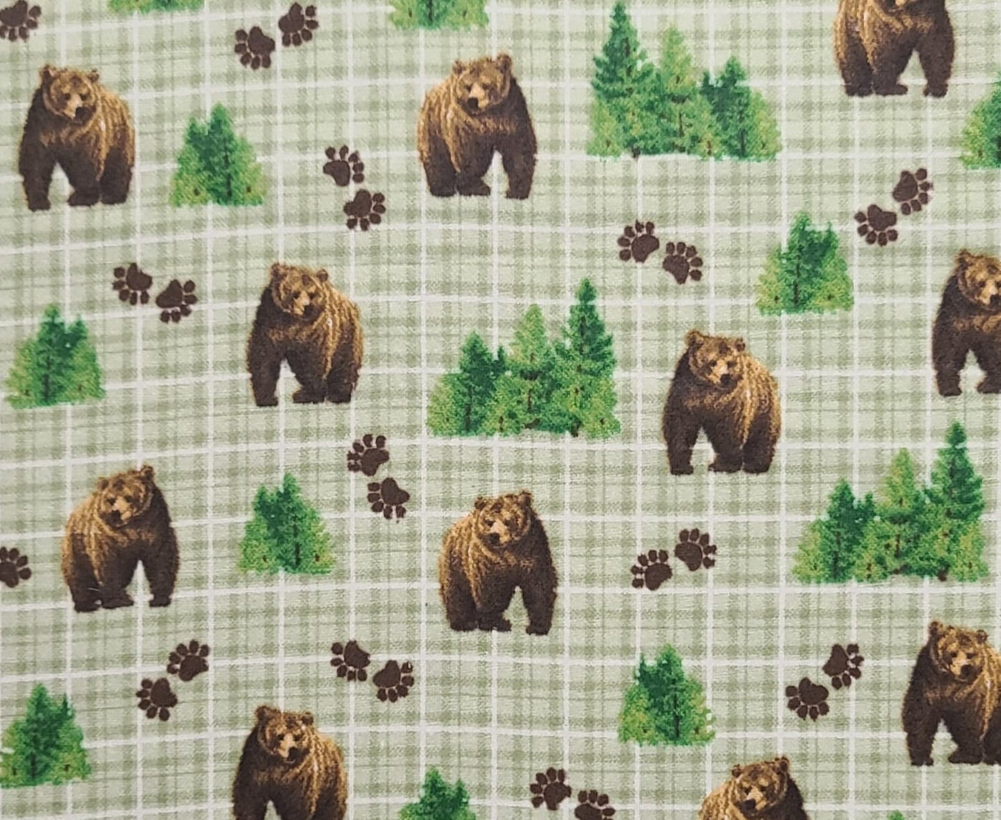 FLANNEL - Green and White Plaid Fabric / Brown Bear, Paw Print, Green Pine Tree Print