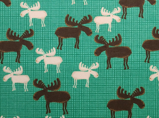 EOB - FLANNEL - Green Tonal Mini Plaid Fabric / White and Brown Cartoon-Style Moose Print