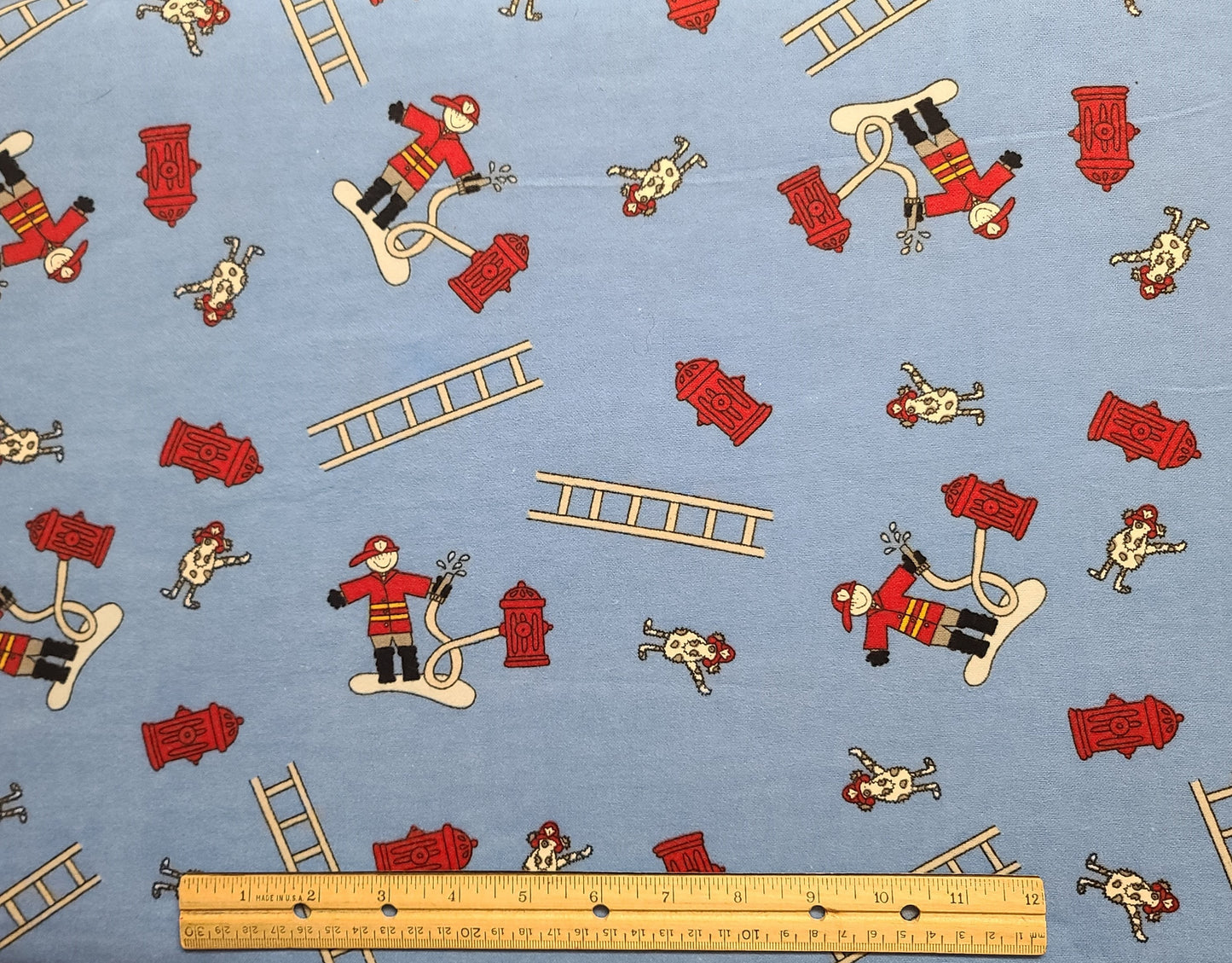 FLANNEL - Light Blue Fabric / Red, Gray, Black Cartoon-Style Fireman Print / Fire Hydrant, Fire Ladder, Dalmatian Dogs