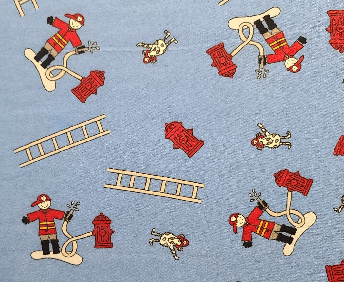 FLANNEL - Light Blue Fabric / Red, Gray, Black Cartoon-Style Fireman Print / Fire Hydrant, Fire Ladder, Dalmatian Dogs